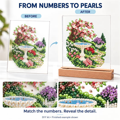 Stone Birdbath Under Pink Blossoms (Light-Up Pearl Painting)