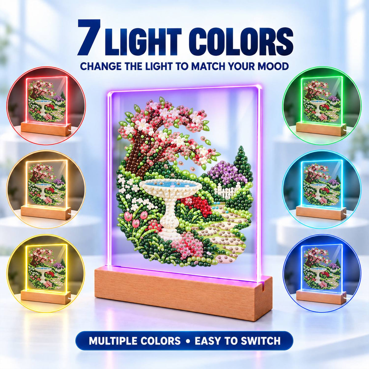 Stone Birdbath Under Pink Blossoms (Light-Up Pearl Painting)