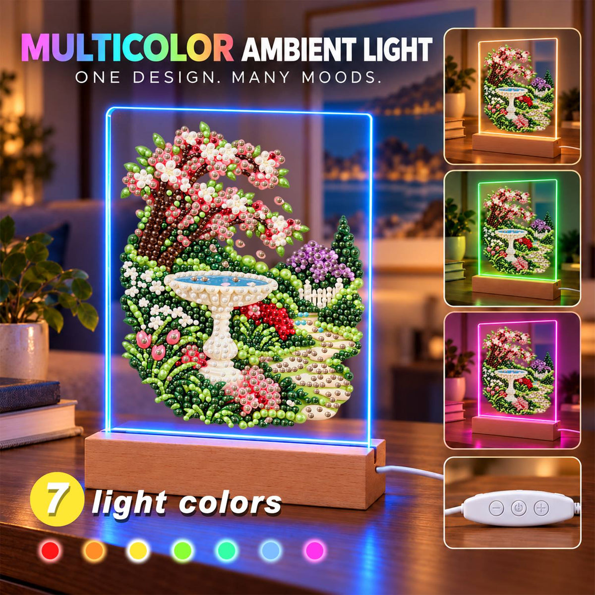 Stone Birdbath Under Pink Blossoms (Light-Up Pearl Painting)