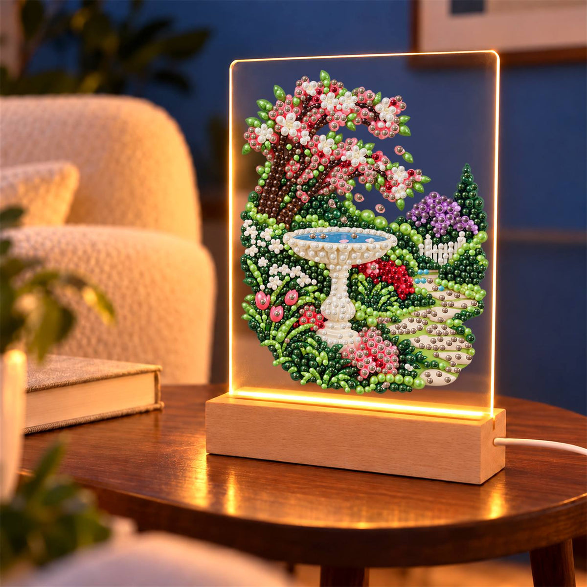 Stone Birdbath Under Pink Blossoms (Light-Up Pearl Painting)