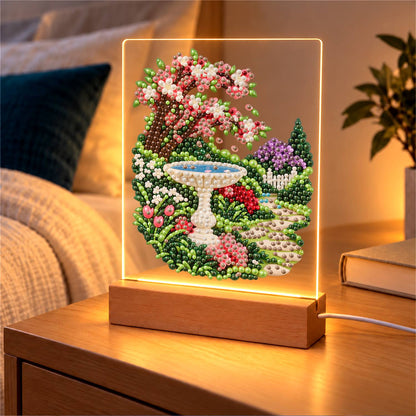 Stone Birdbath Under Pink Blossoms (Light-Up Pearl Painting)