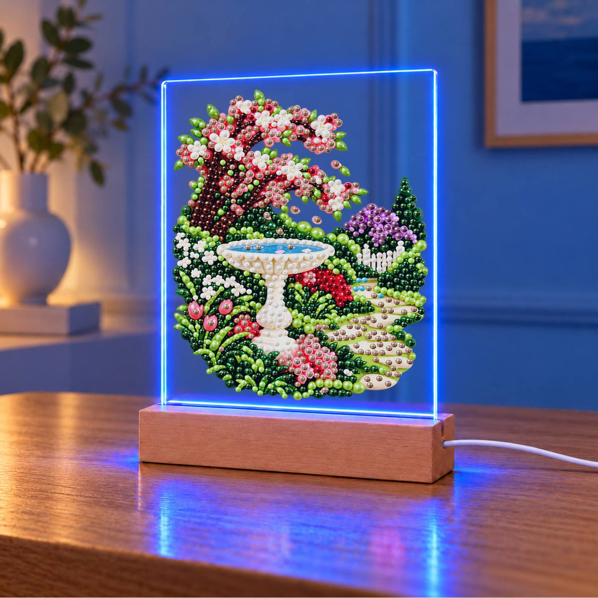 Stone Birdbath Under Pink Blossoms (Light-Up Pearl Painting)