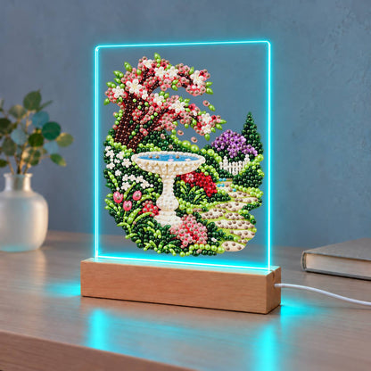 Stone Birdbath Under Pink Blossoms (Light-Up Pearl Painting)