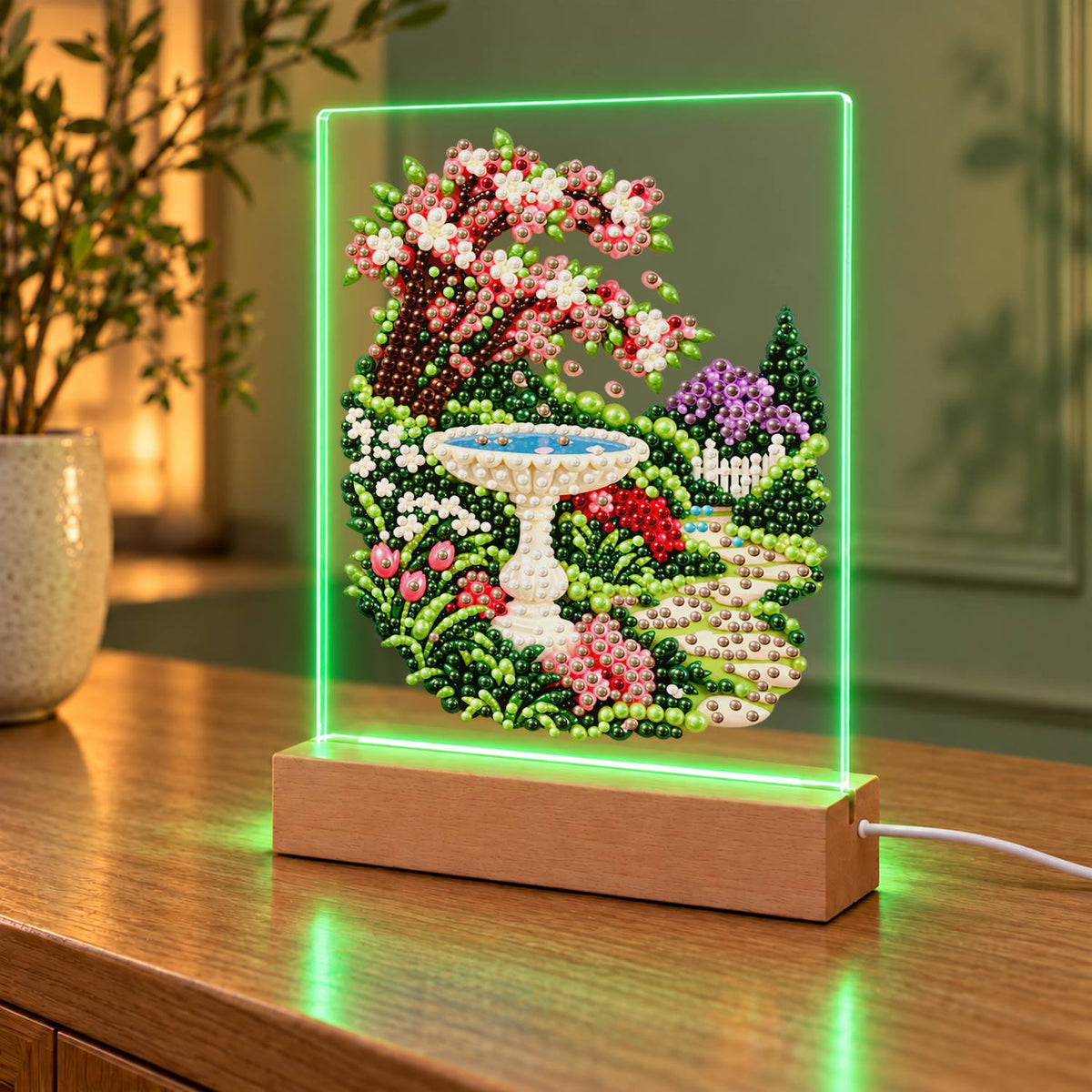 Stone Birdbath Under Pink Blossoms (Light-Up Pearl Painting)