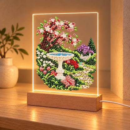 Stone Birdbath Under Pink Blossoms (Light-Up Pearl Painting)