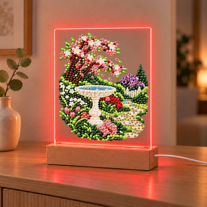 Stone Birdbath Under Pink Blossoms (Light-Up Pearl Painting)