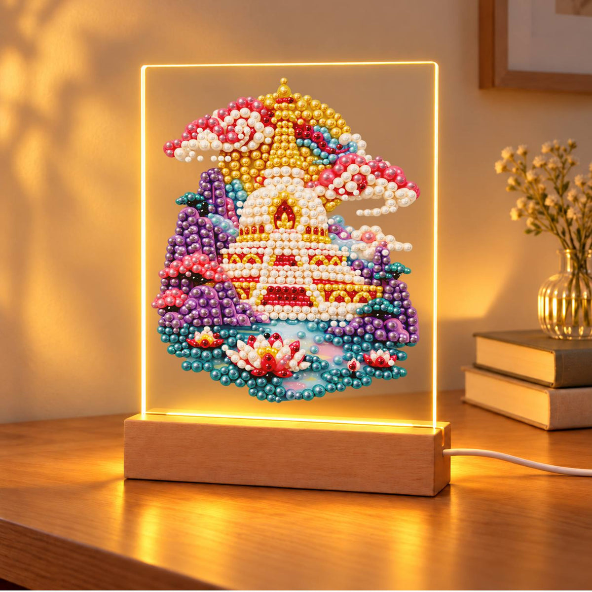 Golden Pagoda Over a Lotus Pool (Light-Up Pearl Painting)