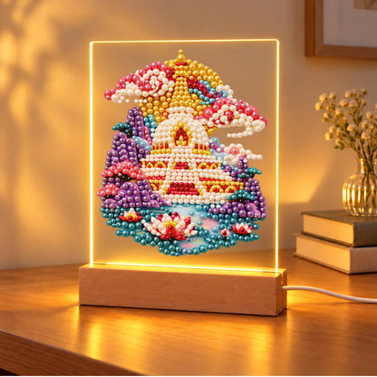 Golden Pagoda Over a Lotus Pool (Light-Up Pearl Painting)