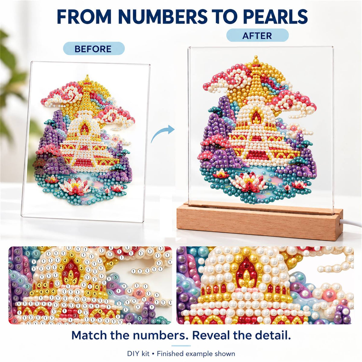 Golden Pagoda Over a Lotus Pool (Light-Up Pearl Painting)