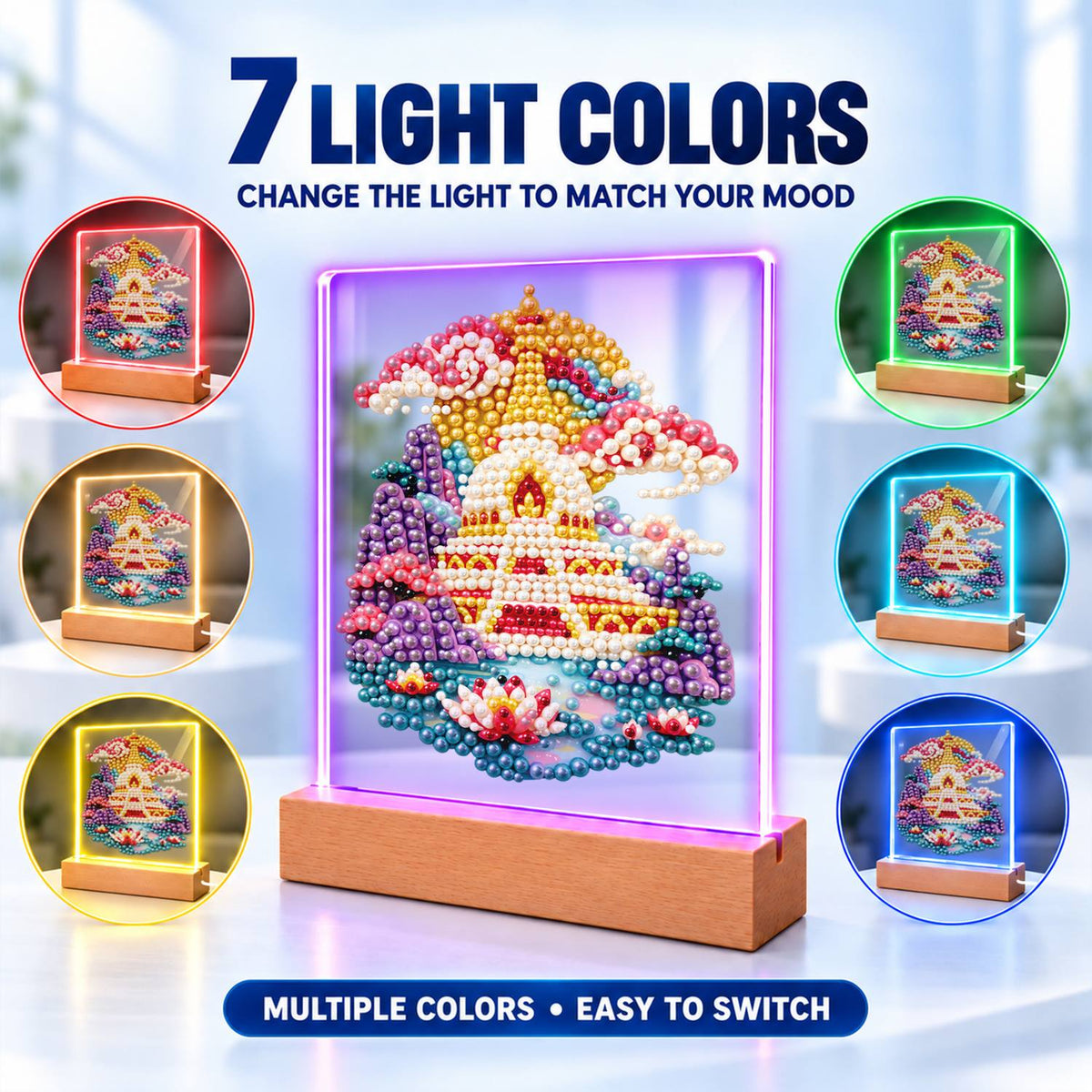 Golden Pagoda Over a Lotus Pool (Light-Up Pearl Painting)