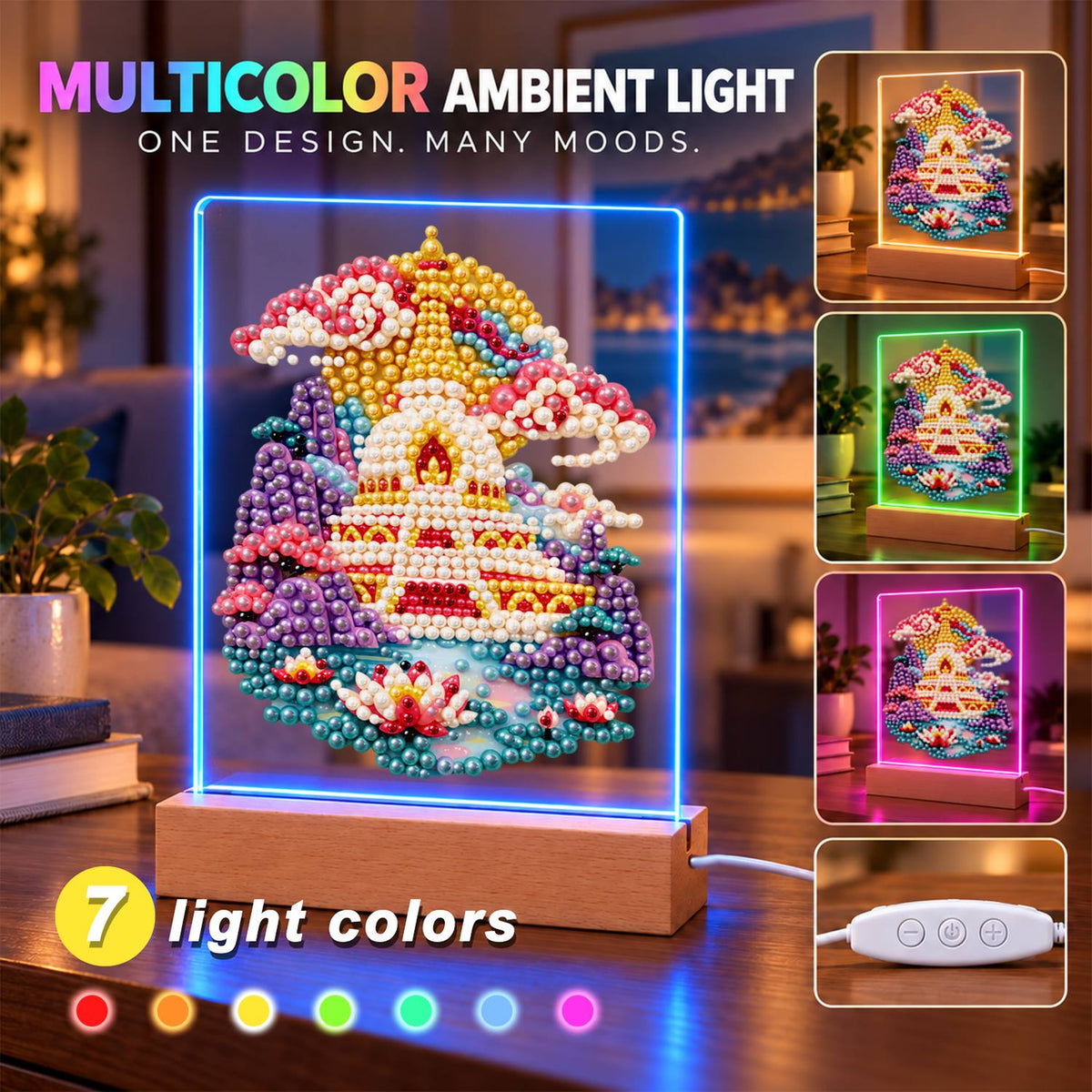 Golden Pagoda Over a Lotus Pool (Light-Up Pearl Painting)