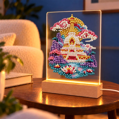 Golden Pagoda Over a Lotus Pool (Light-Up Pearl Painting)