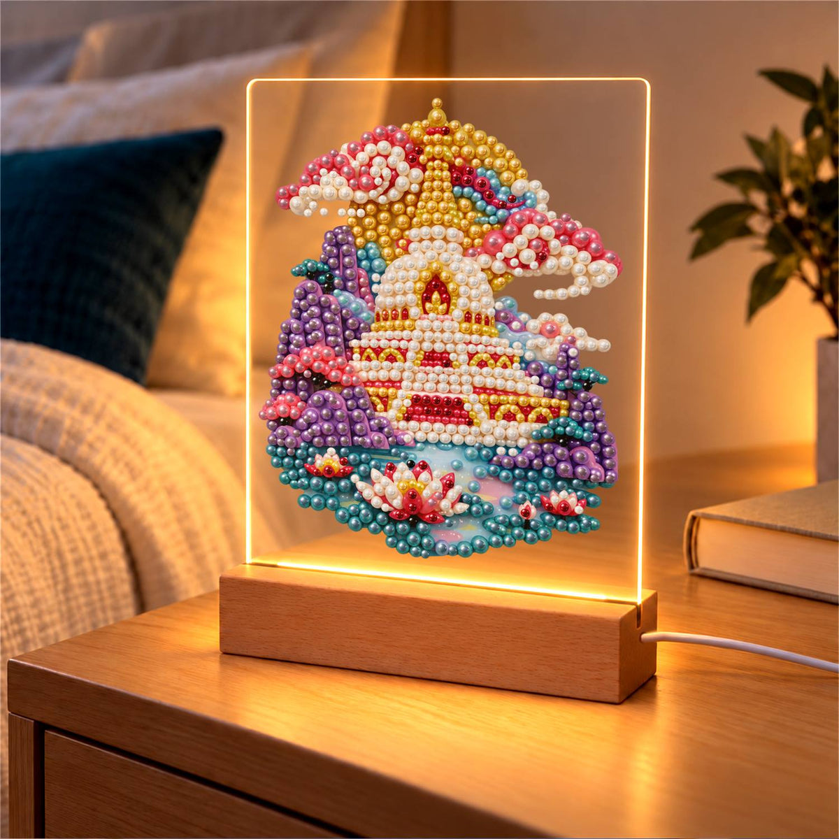 Golden Pagoda Over a Lotus Pool (Light-Up Pearl Painting)