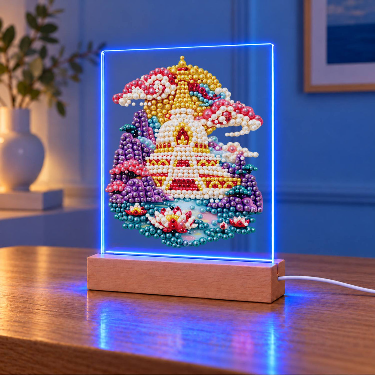 Golden Pagoda Over a Lotus Pool (Light-Up Pearl Painting)