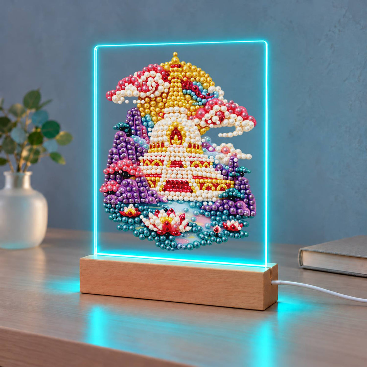 Golden Pagoda Over a Lotus Pool (Light-Up Pearl Painting)
