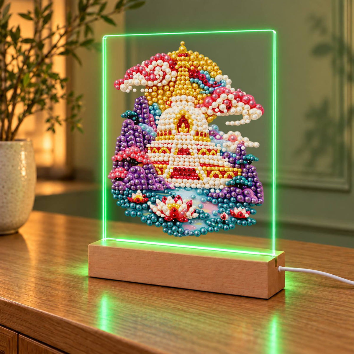 Golden Pagoda Over a Lotus Pool (Light-Up Pearl Painting)
