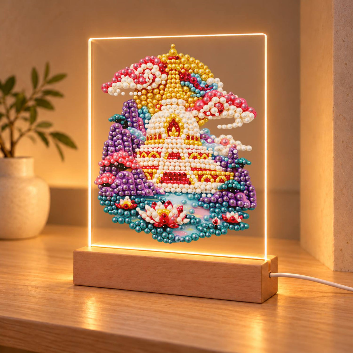 Golden Pagoda Over a Lotus Pool (Light-Up Pearl Painting)