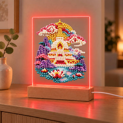 Golden Pagoda Over a Lotus Pool (Light-Up Pearl Painting)