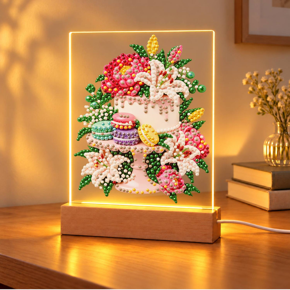 Lily-Topped Cake with Macarons (Light-Up Pearl Painting)