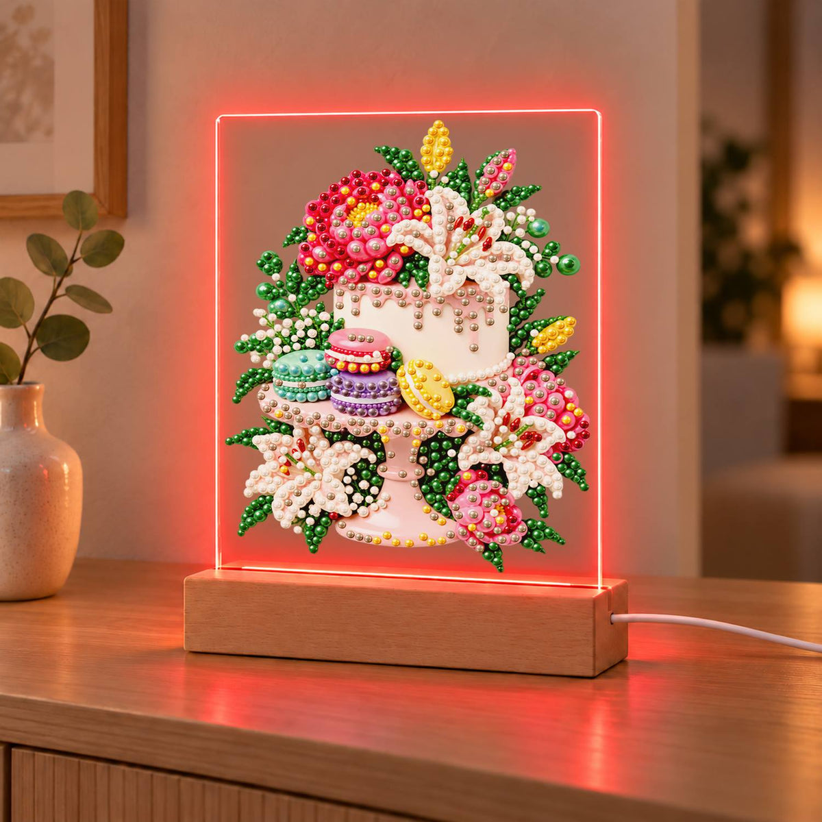 Lily-Topped Cake with Macarons (Light-Up Pearl Painting)