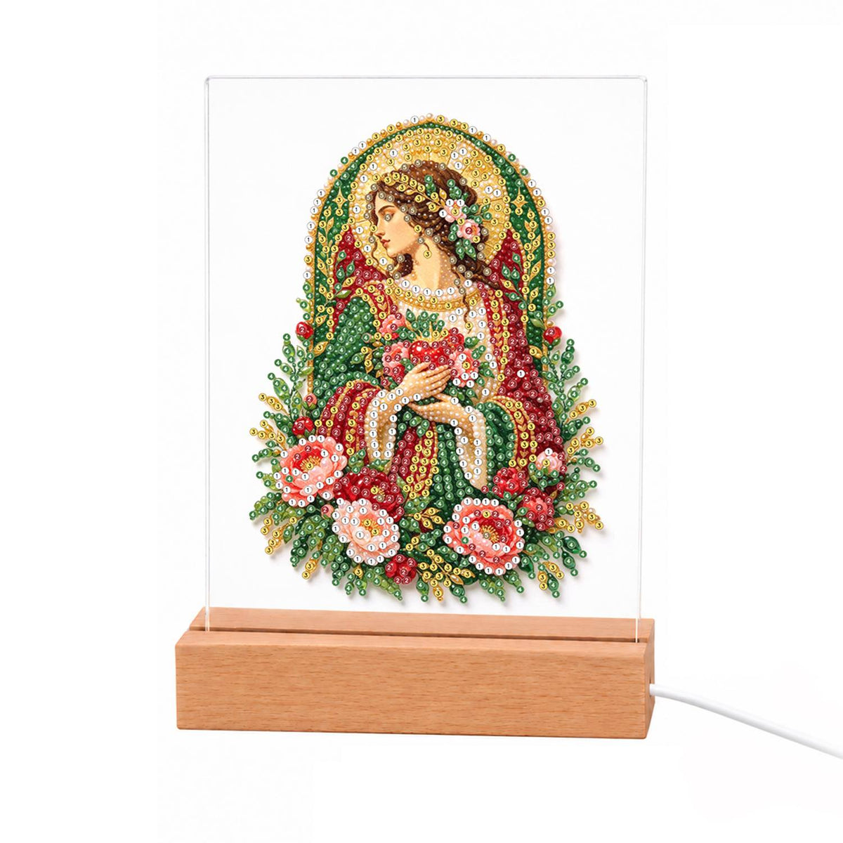 Haloed Woman with Pink Roses light-up pearl painting – Haloed woman in a red dress holding pink roses, framed by a golden arch, roses and green leaves