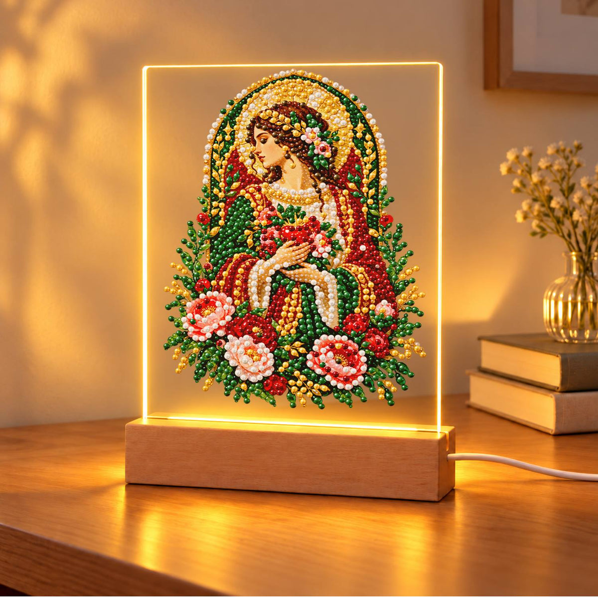 Haloed Woman with Pink Roses (Light-Up Pearl Painting)