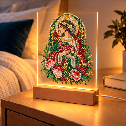 Haloed Woman with Pink Roses (Light-Up Pearl Painting)