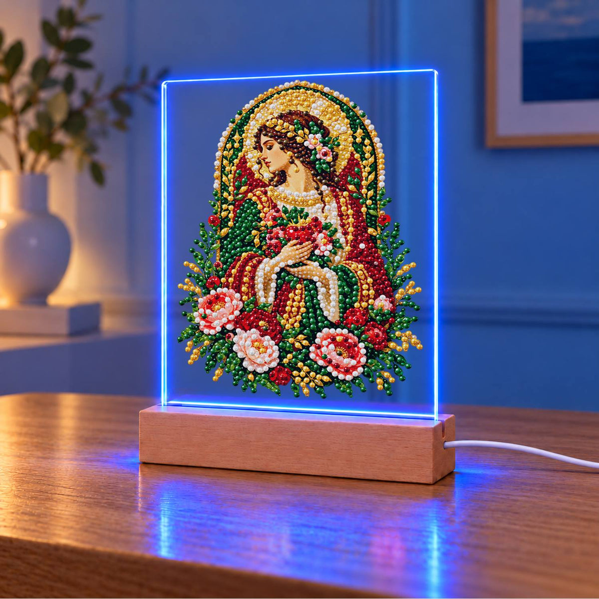 Haloed Woman with Pink Roses (Light-Up Pearl Painting)