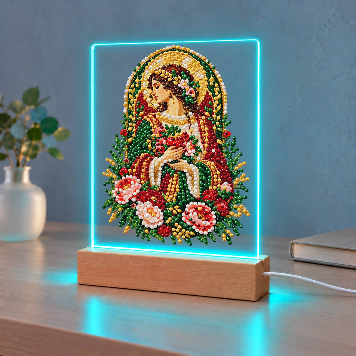 Haloed Woman with Pink Roses (Light-Up Pearl Painting)