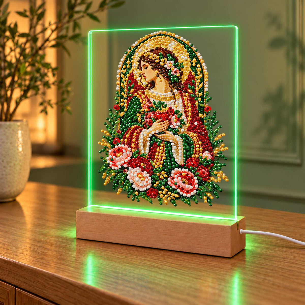 Haloed Woman with Pink Roses (Light-Up Pearl Painting)