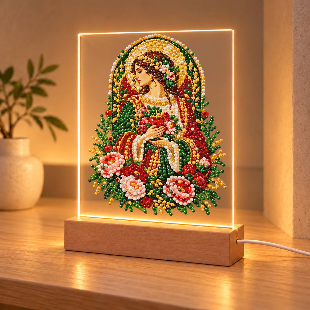 Haloed Woman with Pink Roses (Light-Up Pearl Painting)