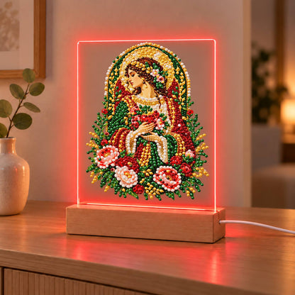 Haloed Woman with Pink Roses (Light-Up Pearl Painting)