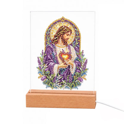 Sacred Heart Amid Lavender light-up pearl painting – Jesus in a purple robe holding his glowing Sacred Heart under a golden halo, framed by lavender sprigs