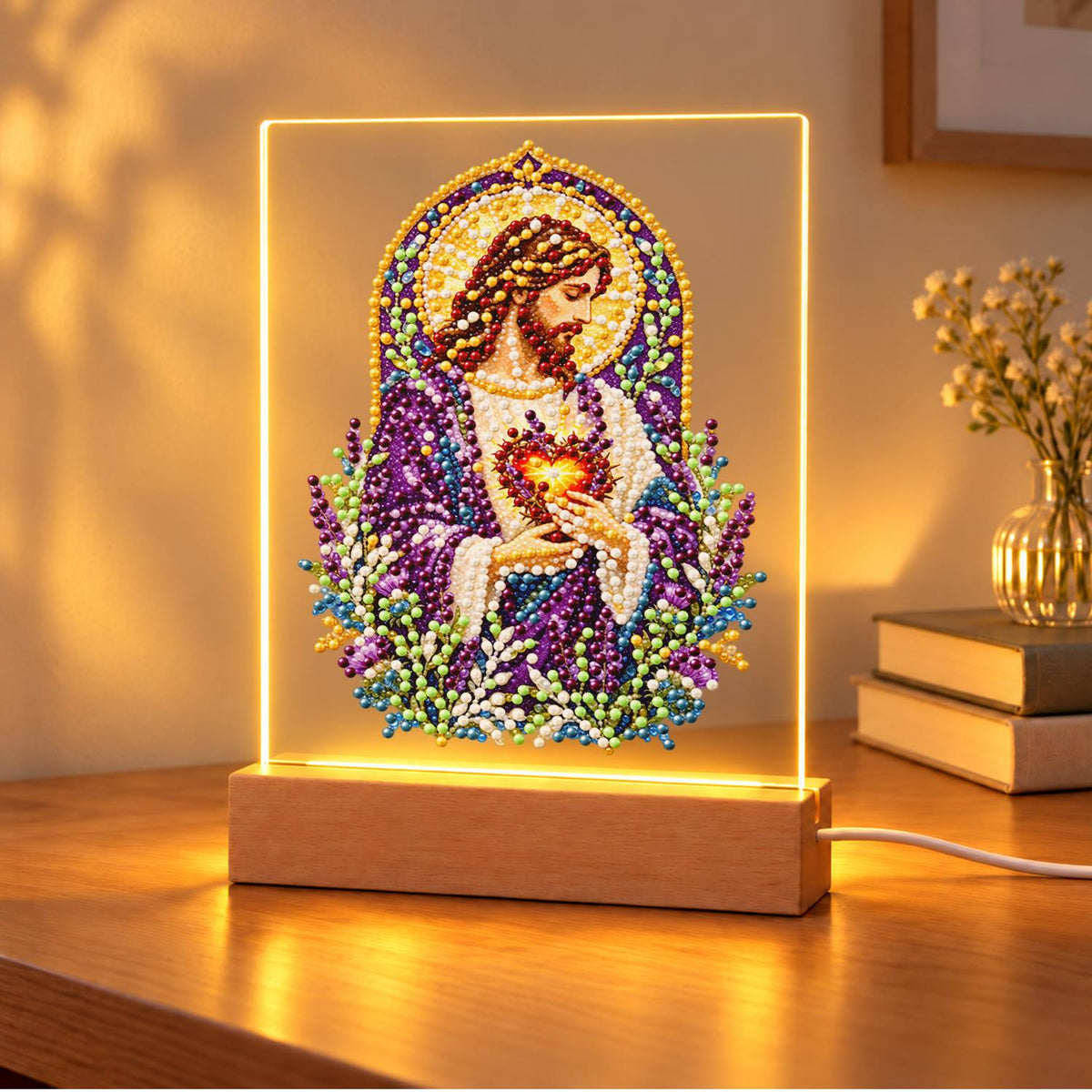 Sacred Heart Amid Lavender (Light-Up Pearl Painting)