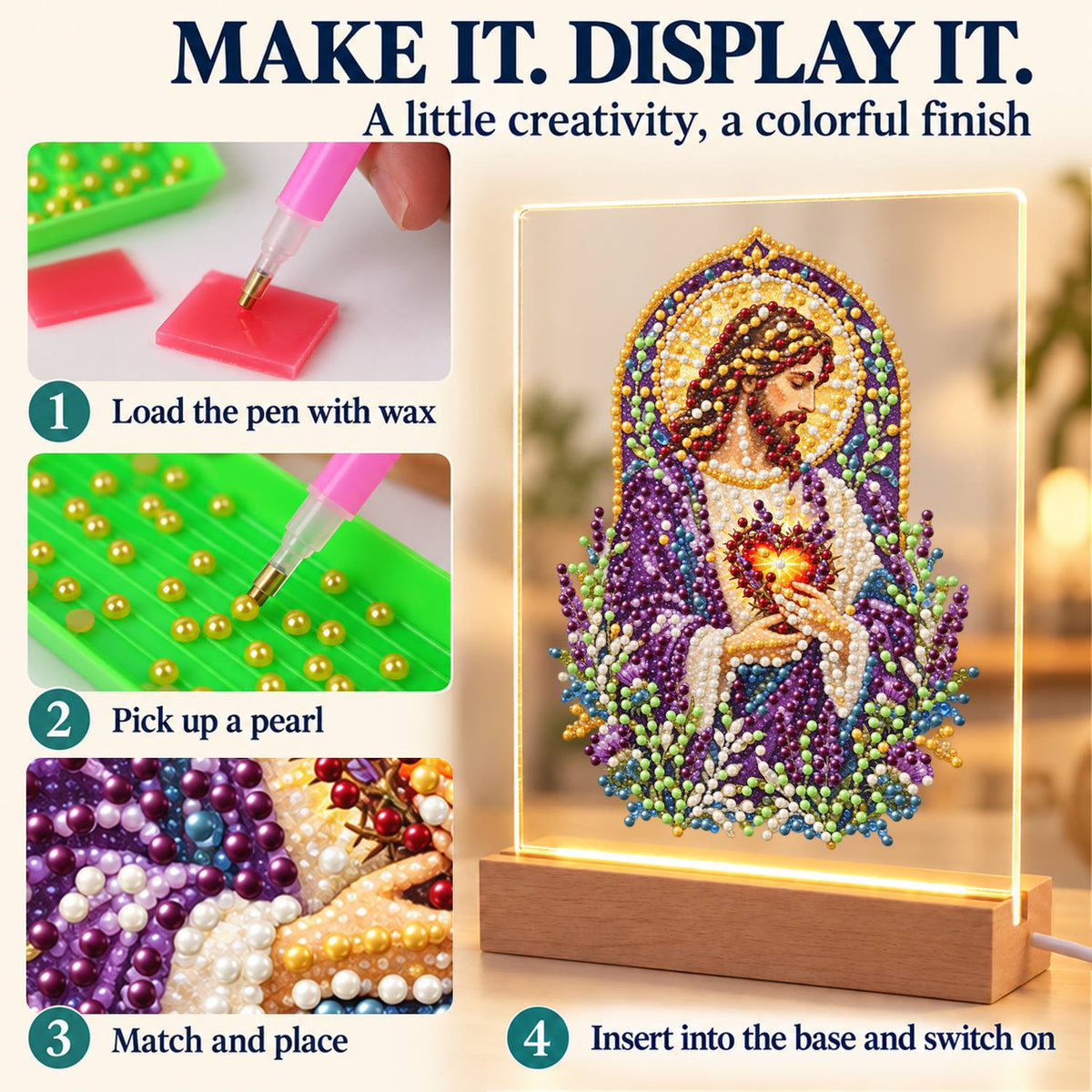 Sacred Heart Amid Lavender (Light-Up Pearl Painting)