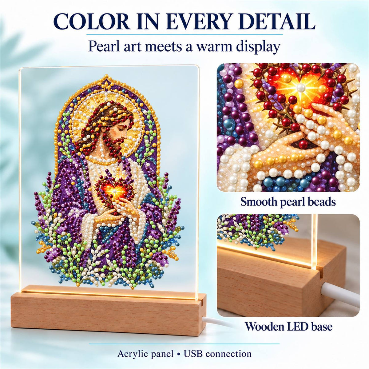Sacred Heart Amid Lavender (Light-Up Pearl Painting)