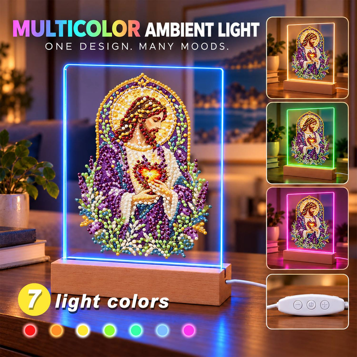 Sacred Heart Amid Lavender (Light-Up Pearl Painting)