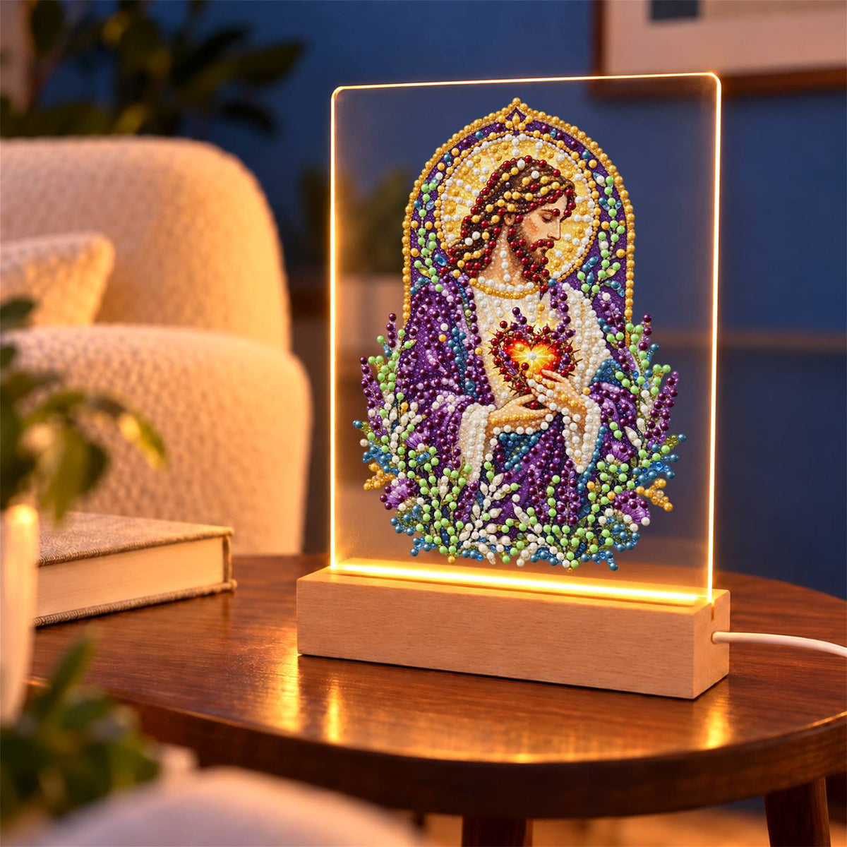 Sacred Heart Amid Lavender (Light-Up Pearl Painting)