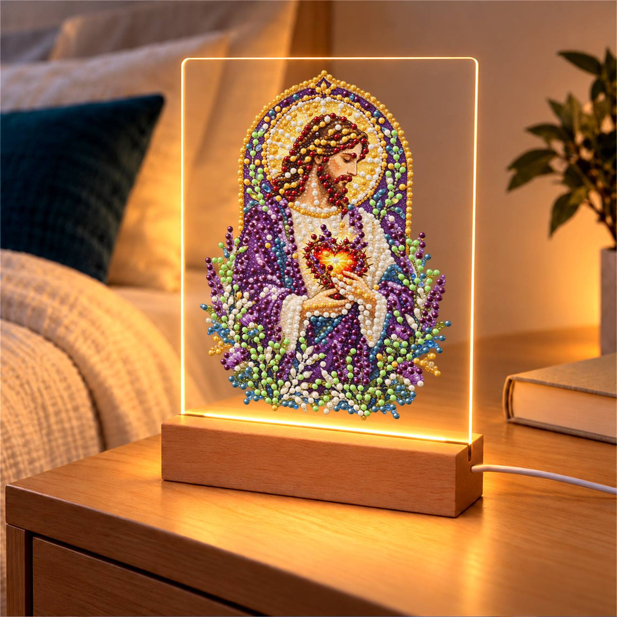Sacred Heart Amid Lavender (Light-Up Pearl Painting)