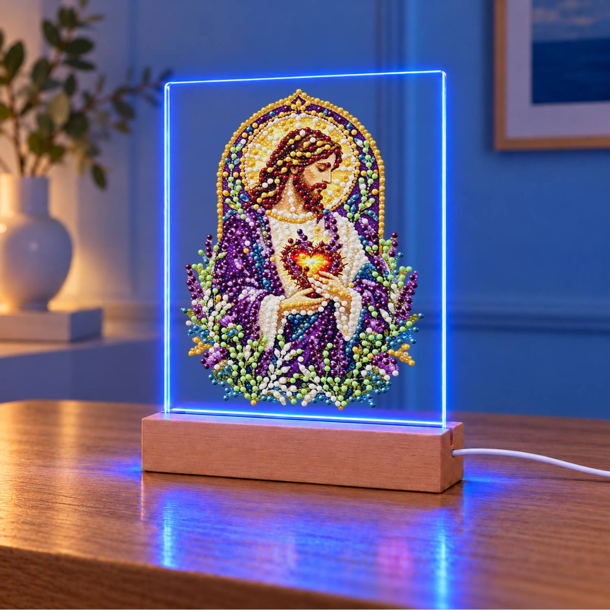 Sacred Heart Amid Lavender (Light-Up Pearl Painting)
