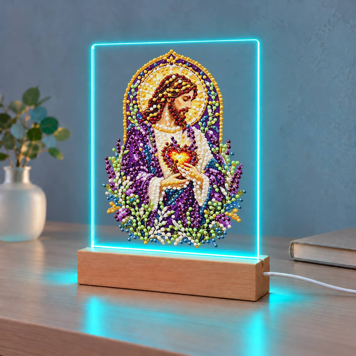 Sacred Heart Amid Lavender (Light-Up Pearl Painting)