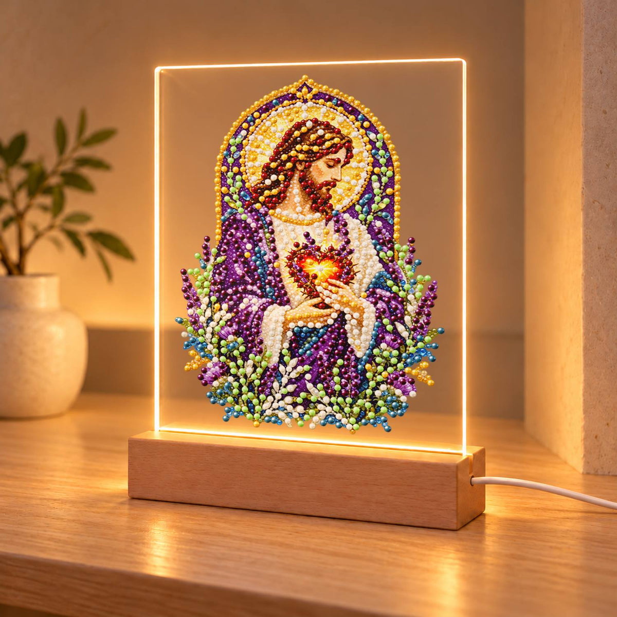 Sacred Heart Amid Lavender (Light-Up Pearl Painting)