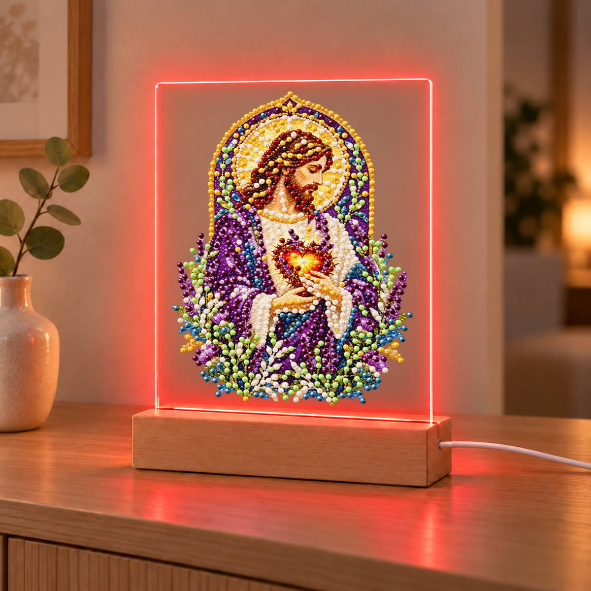 Sacred Heart Amid Lavender (Light-Up Pearl Painting)