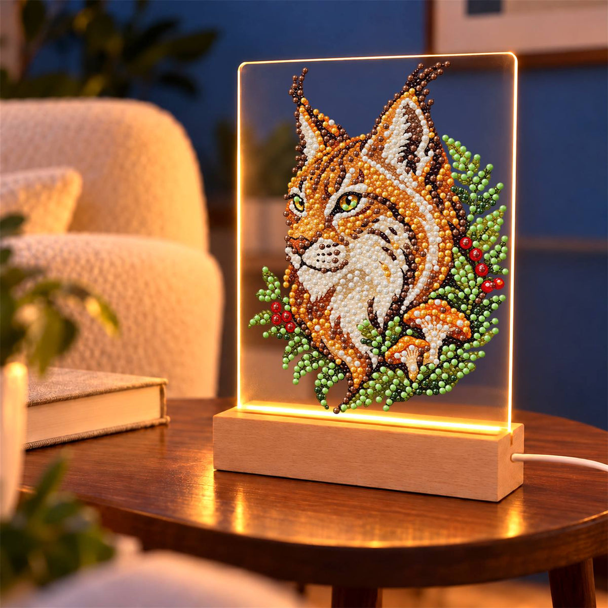 Lynx Among Ferns and Berries (Light-Up Pearl Painting)