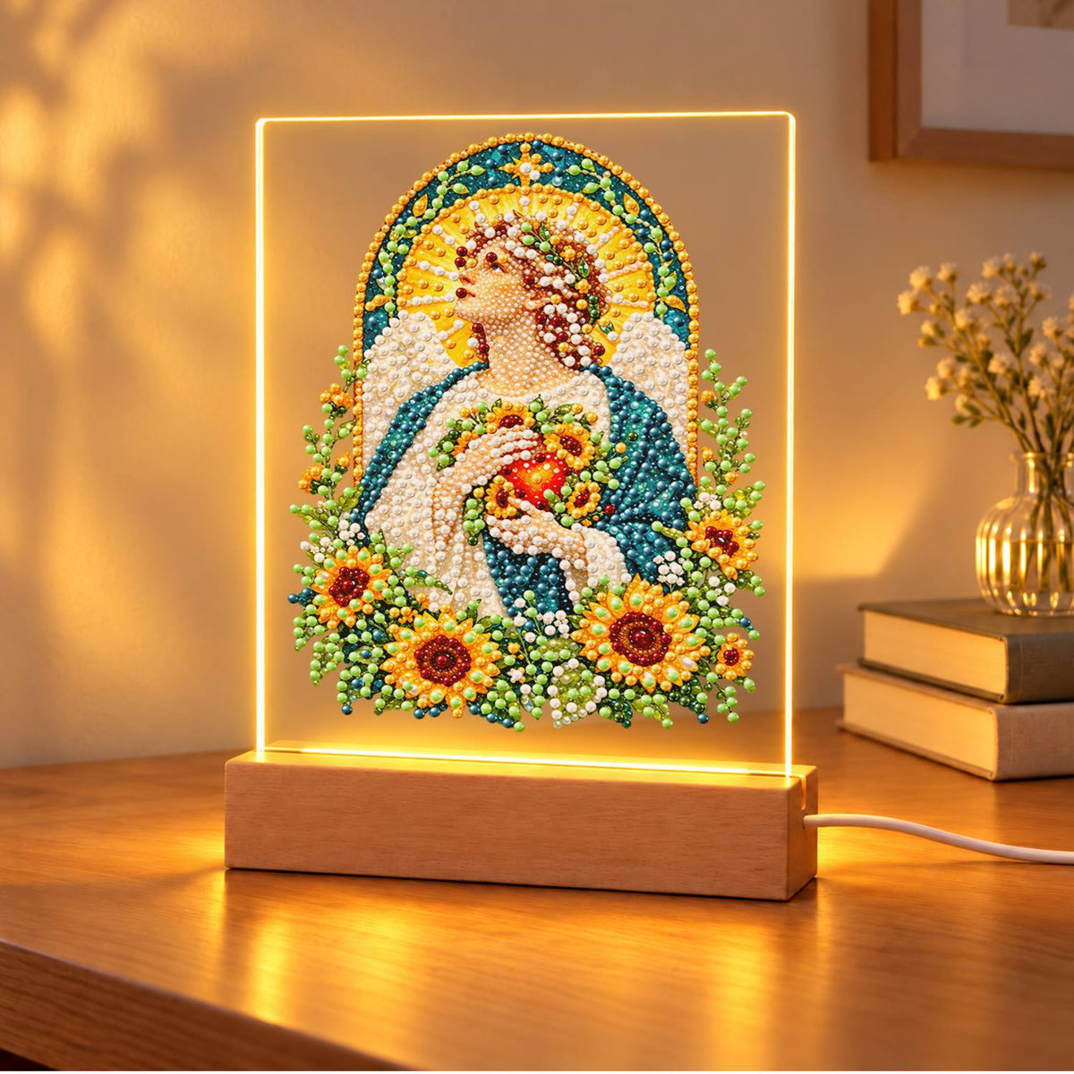 Haloed Angel Among Sunflowers (Light-Up Pearl Painting)