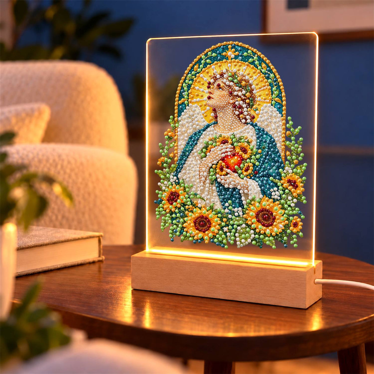 Haloed Angel Among Sunflowers (Light-Up Pearl Painting)