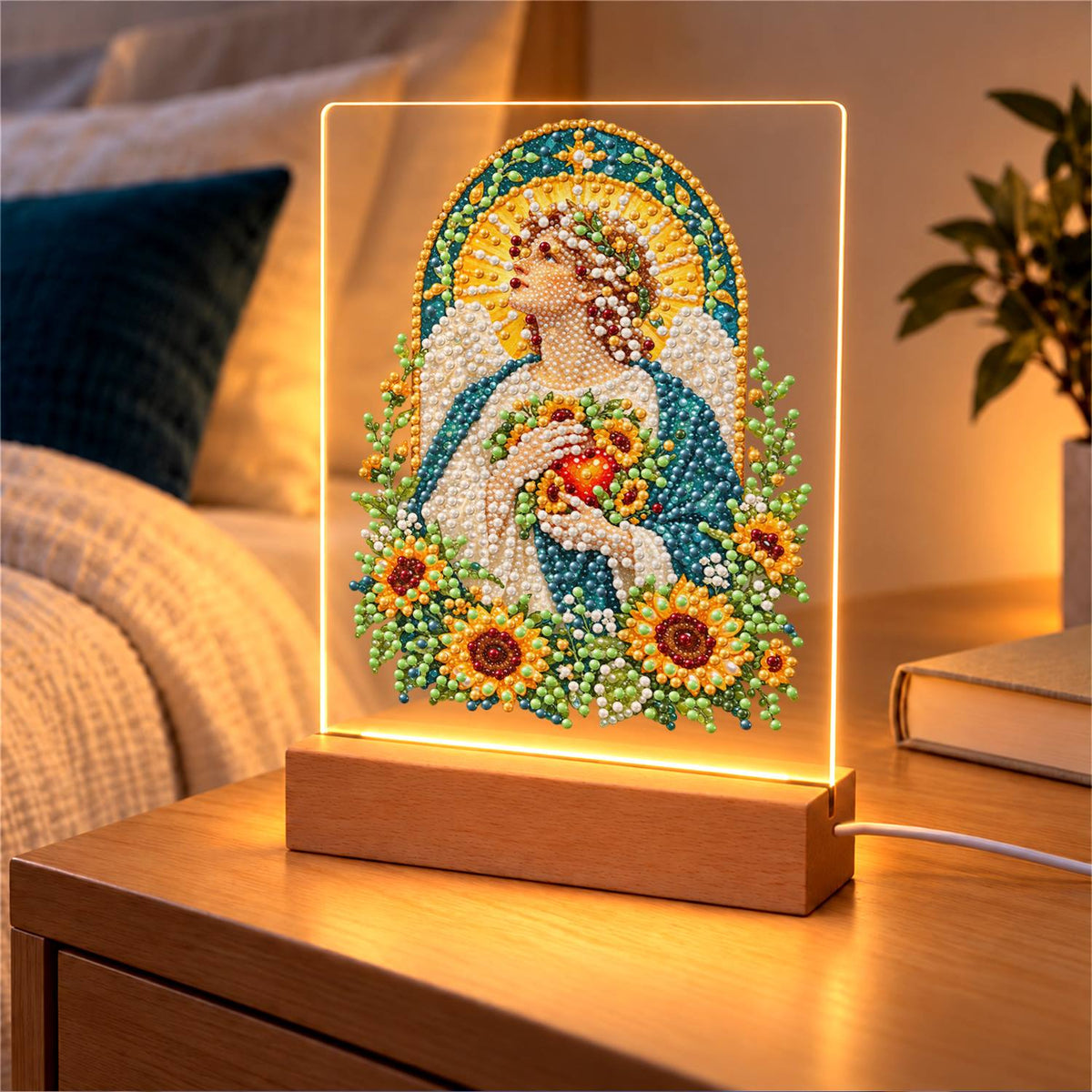 Haloed Angel Among Sunflowers (Light-Up Pearl Painting)
