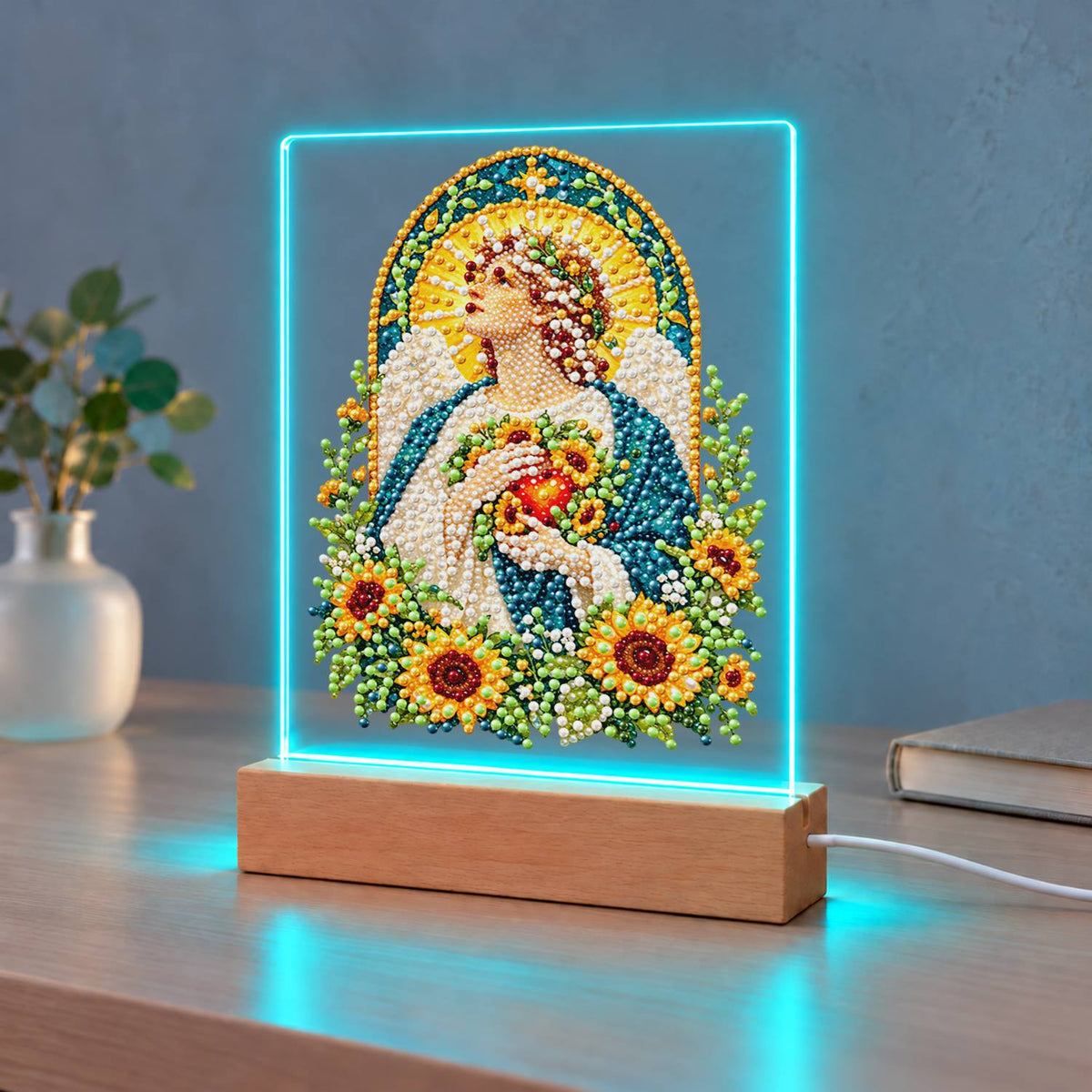 Haloed Angel Among Sunflowers (Light-Up Pearl Painting)