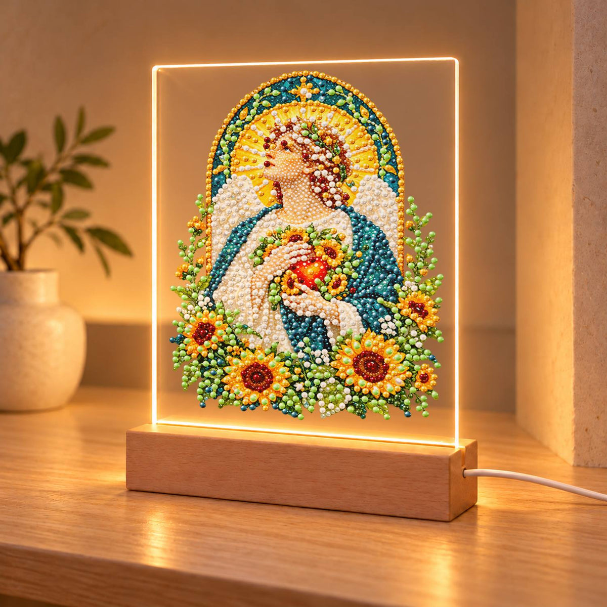 Haloed Angel Among Sunflowers (Light-Up Pearl Painting)