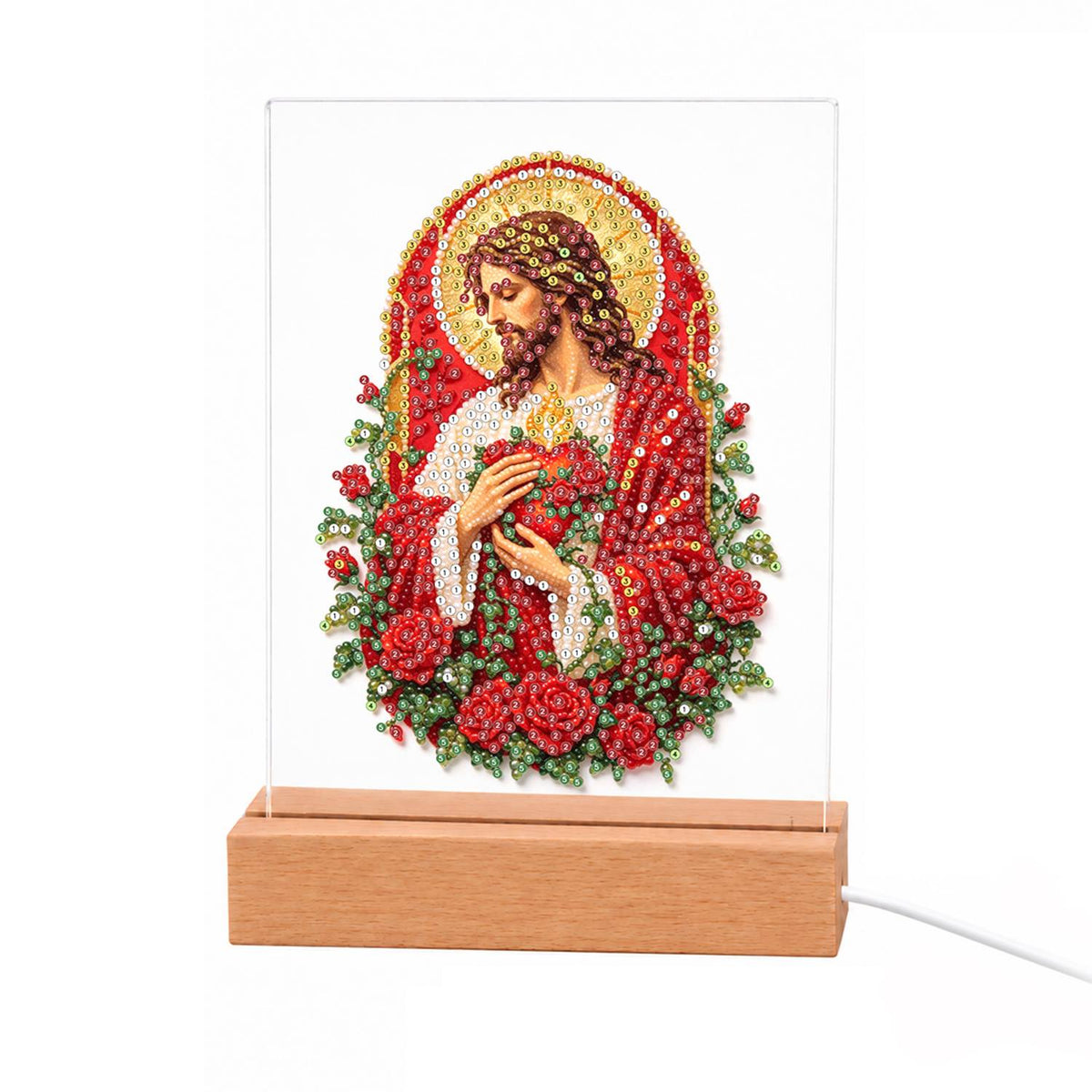 Sacred Heart Wreathed in Roses light-up pearl painting – Jesus in a red robe with a golden halo pointing to his glowing Sacred Heart, surrounded by red roses